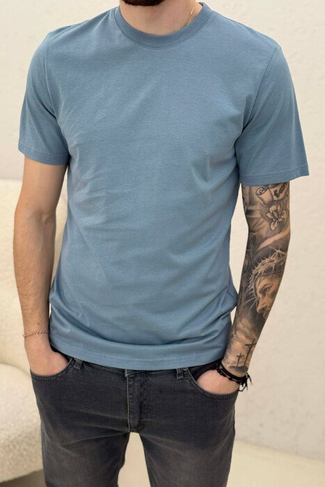 T-SHIRT NJË NGJYRËSH I THJESHTË PËR MESHKUJ NË NGJYRËN BLU - 4