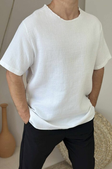 T-SHIRT NJË NGJYRËSH I THJESHTË PËR MESHKUJ NË NGJYRËN E BARDHË - 4