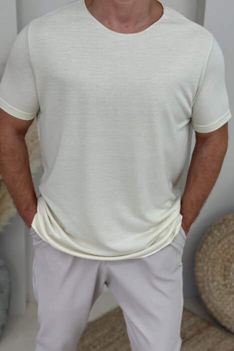 T-SHIRT NJË NGJYRËSH I THJESHTË PËR MESHKUJ NË NGJYRËN KREM - 3