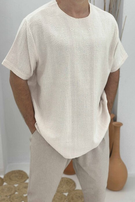 T-SHIRT NJË NGJYRËSH I THJESHTË PËR MESHKUJ NË NGJYRËN KREM - 5
