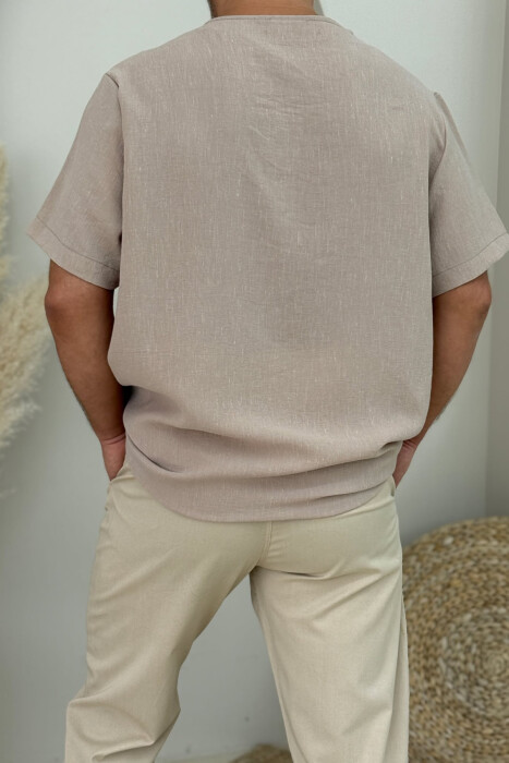 T-SHIRT NJË NGJYRËSH ME DETAJIN E LIDHSES PËR MESHKUJ NË NGJYRËN BEZHË - 3