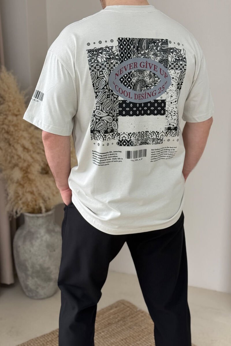 T-SHIRT NJË NGJYRËSH ME DIZAJN PËR MESHKUJ NË NGJYRËN BEZHË E ZBARDHUR - 4