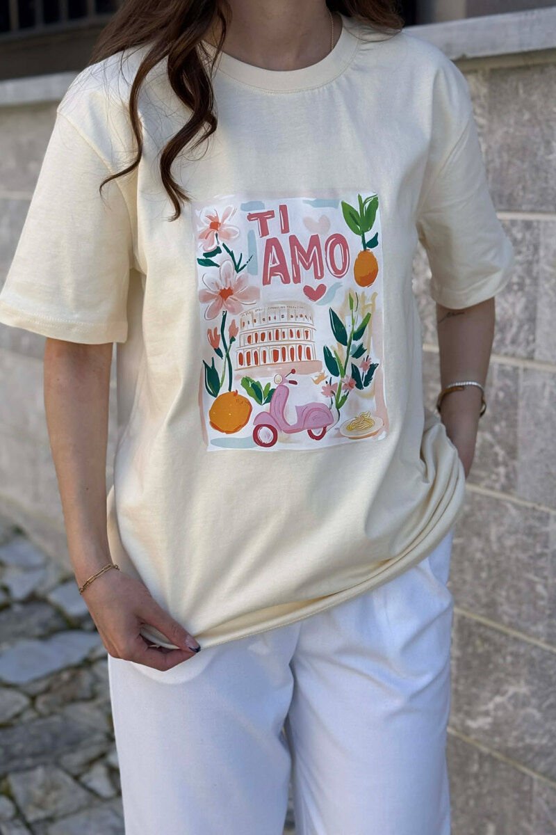 T-SHIRT NJE NGJYRESH ME IMAZH NE PJESEN PARA PER FEMRA NE NGJYRE BEZHE - 3