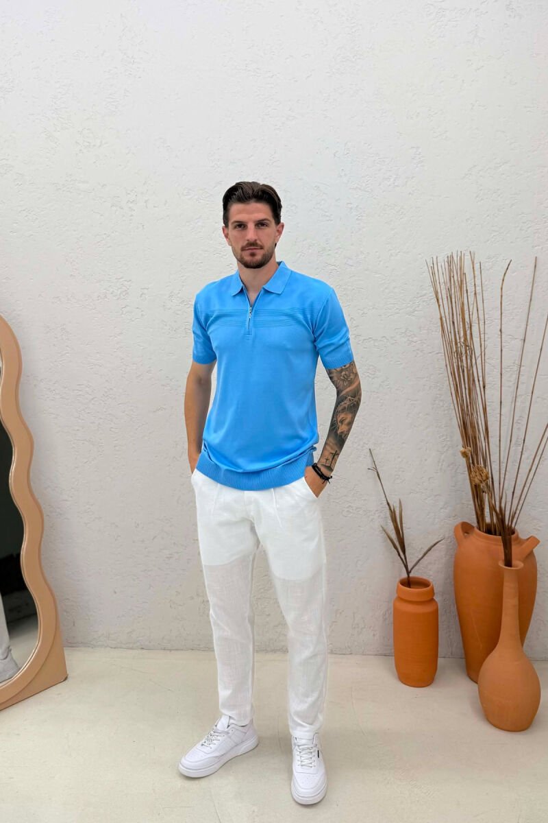 T-SHIRT NJE NGJYRESH ME JAKE ME ZINXHIR PER MESHKUJ NE NGJYRE BLU TE ZBARDHUR - 3