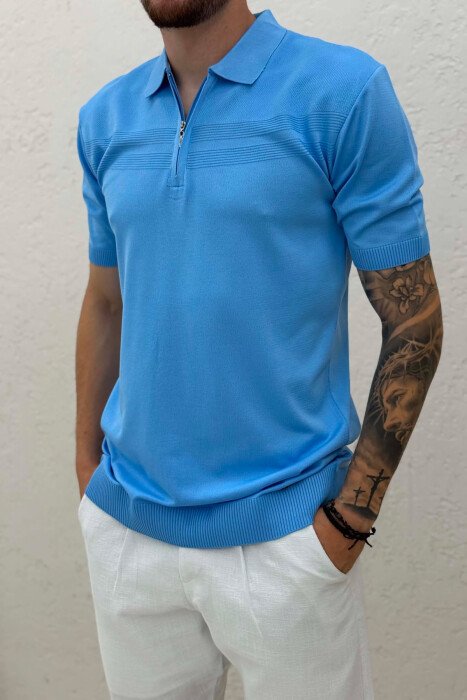 T-SHIRT NJE NGJYRESH ME JAKE ME ZINXHIR PER MESHKUJ NE NGJYRE BLU TE ZBARDHUR - 4