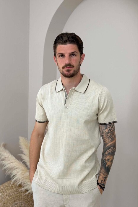 T-SHIRT NJE NGJYRESH ME JAKE POLO PER MESHKUJ NE NGJYRE BEZHE - 1