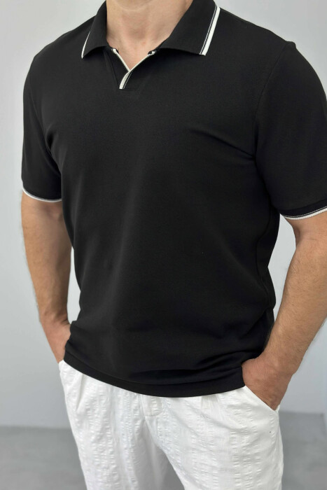 T-SHIRT NJË NGJYRËSH ME JAKË POLO PËR MESHKUJ NË NGJYRËN E ZEZË - 3