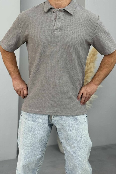T-SHIRT NJË NGJYRËSH ME JAKË POLO PËR MESHKUJ NË NGJYRËN GRI - 2