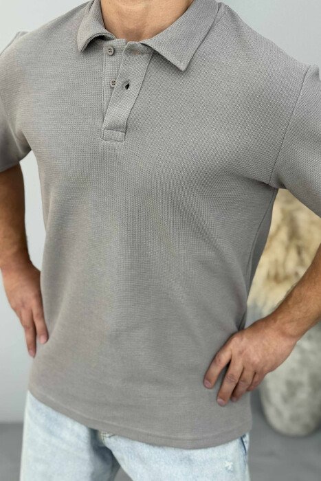 T-SHIRT NJË NGJYRËSH ME JAKË POLO PËR MESHKUJ NË NGJYRËN GRI - 3