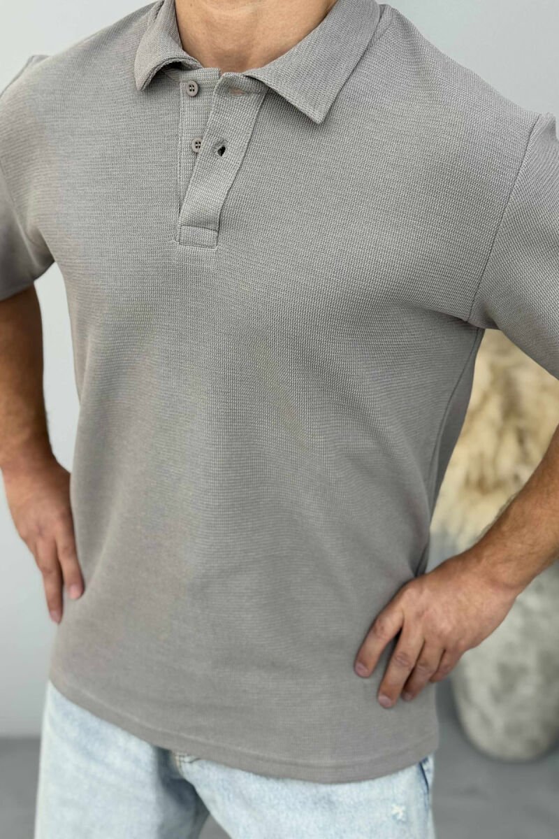 T-SHIRT NJË NGJYRËSH ME JAKË POLO PËR MESHKUJ NË NGJYRËN GRI - 3