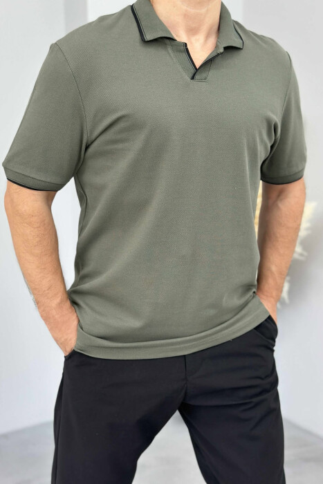 T-SHIRT NJË NGJYRËSH ME JAKË POLO PËR MESHKUJ NË NGJYRËN JESHILE - 2