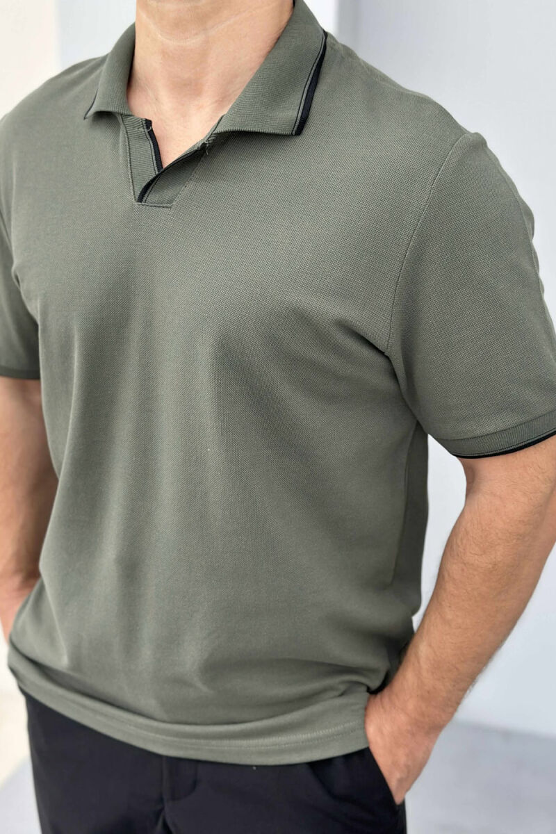 T-SHIRT NJË NGJYRËSH ME JAKË POLO PËR MESHKUJ NË NGJYRËN JESHILE - 3