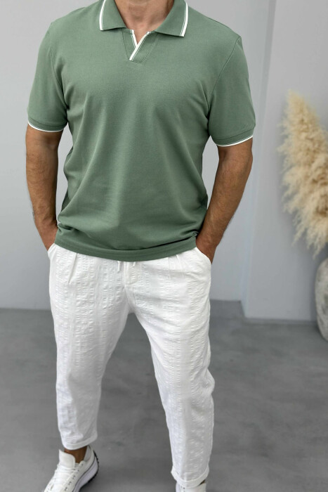 T-SHIRT NJË NGJYRËSH ME JAKË POLO PËR MESHKUJ NË NGJYRËN MENTE - 2