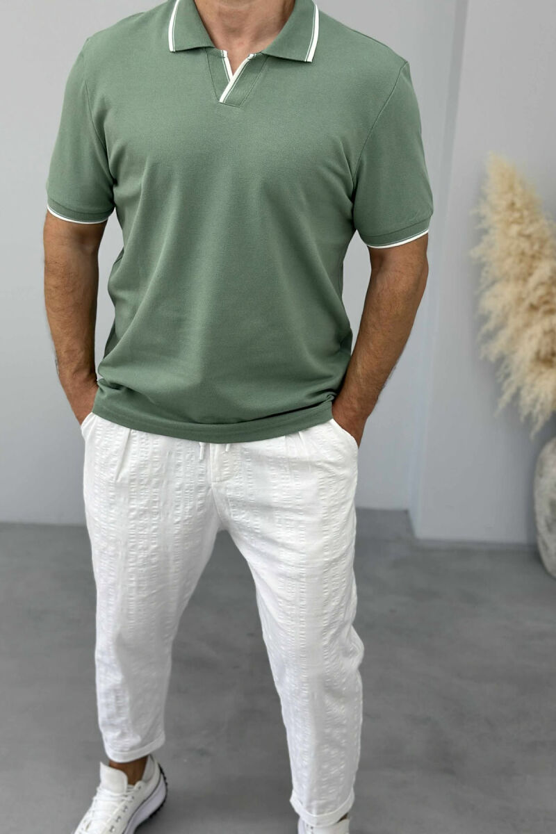 T-SHIRT NJË NGJYRËSH ME JAKË POLO PËR MESHKUJ NË NGJYRËN MENTE - 2