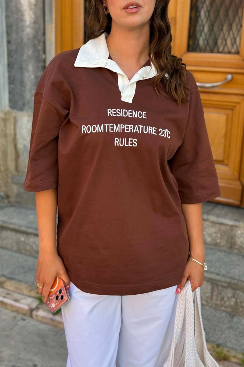 T-SHIRT NJE NGJYRESH ME JAKE POLO PER FEMRA NE NGJYRE KAFE - 5