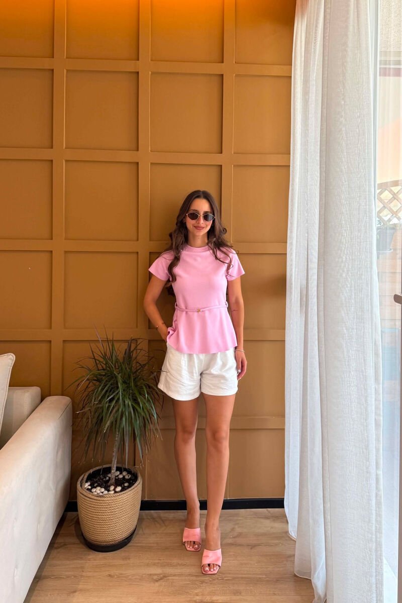 T-SHIRT NJE NGJYRESH ME LIDHESE TEK BELI PER FEMRA NE NGJYRE ROZE - 4