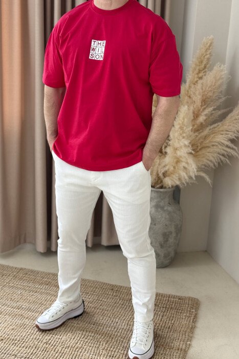 T-SHIRT NJË NGJYRËSH ME LOGO PËR MESHKUJ NË NGJYRËN E KUQE - 2