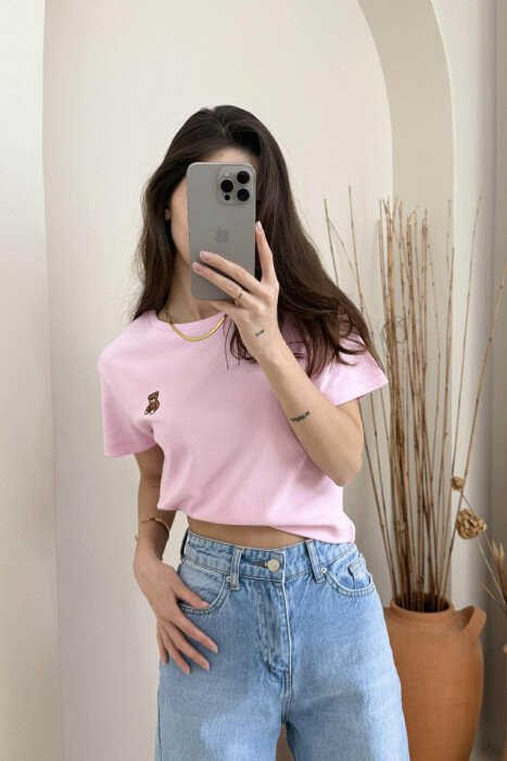 T-SHIRT NJË NGJYRËSH ME LOGON E ARUSHIT PËR FEMRA NË NGJYRËN ROZË - 3