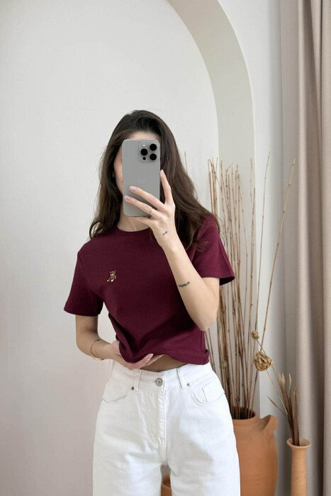 T-SHIRT NJË NGJYRËSH ME LOGON E ARUSHIT PËR FEMRA NË NGJYRËN VISHNJË - 4