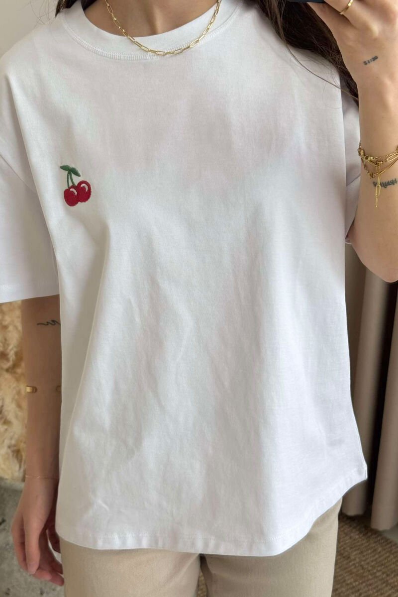 T-SHIRT NJË NGJYRËSH ME LOGON E QERSHISË PËR FEMRA NË NGJYRËN E BARDHË - 3