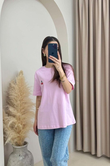 T-SHIRT NJË NGJYRËSH ME LOGON E QERSHISË PËR FEMRA NË NGJYRËN ROZË - 5