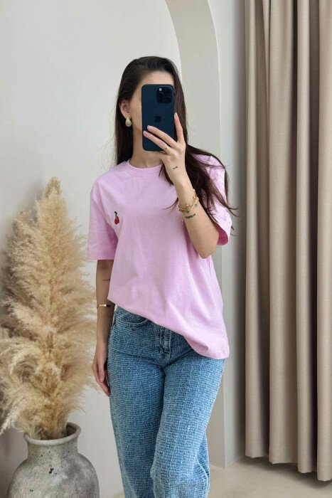 T-SHIRT NJË NGJYRËSH ME LOGON E QERSHISË PËR FEMRA NË NGJYRËN ROZË - 7