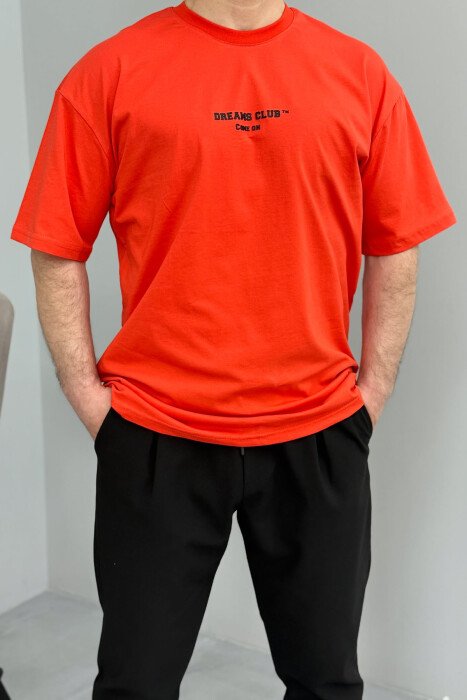 T-SHIRT NJË NGJYRËSH ME SHKRIME PËR MESHKUJ NË NGJYRËN PORTOKALLI E ERRËT - 6