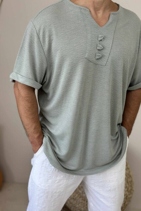 T-SHIRT NJË NGJYRËSH ME XHEP PËR MESHKUJ NË NGJYRËN MENTE - 3