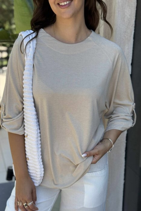 T-SHIRT NJË NGJYRËSH PËR FEMRA NË NGJYRËN BEZHË - 3