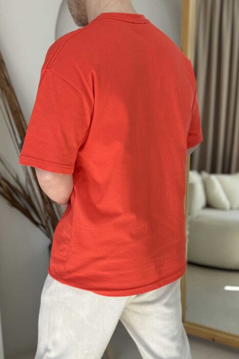 T-SHIRT PAMBUKU NJË NGJYRËSHE PËR MESHKUJ NË NGJYRË PORTOKALLI - 3