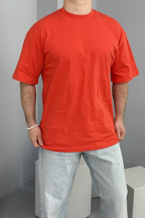T-SHIRT PAMBUKU NJË NGJYRËSHE PËR MESHKUJ NË NGJYRË PORTOKALLI - 4