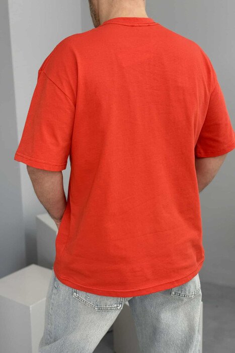 T-SHIRT PAMBUKU NJË NGJYRËSHE PËR MESHKUJ NË NGJYRË PORTOKALLI - 5