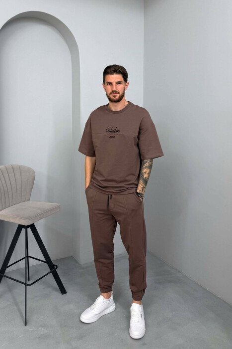 T-SHIRT+JOGGERS LITTLE WRITTINGS MEN SET BROWN/KAFE - KLAUDIO FASHION
