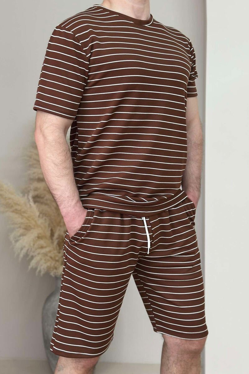 T-SHIRT+SHORT SWEATPANTS STRIPED MEN SET BROWN/KAFE - 2