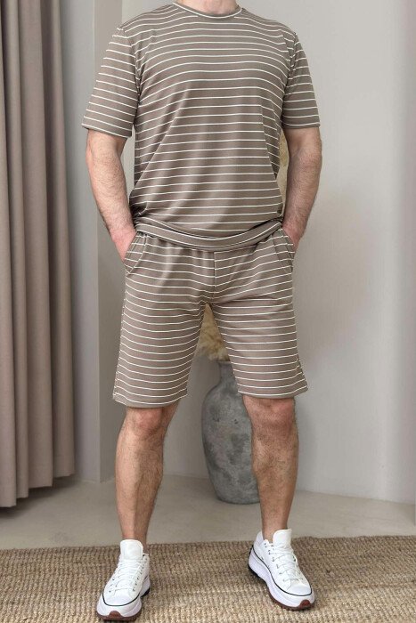 SET ME VIJA T-SHIRT+TUTA TË SHKURTRA PËR MESHKUJ NË NGJYRËN KAFE E ZBARDHUR 