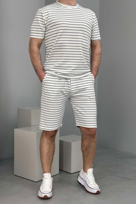 T-SHIRT+SHORT SWEATPANTS STRIPED MEN SET WHITE-BLACK/BAZE - 1