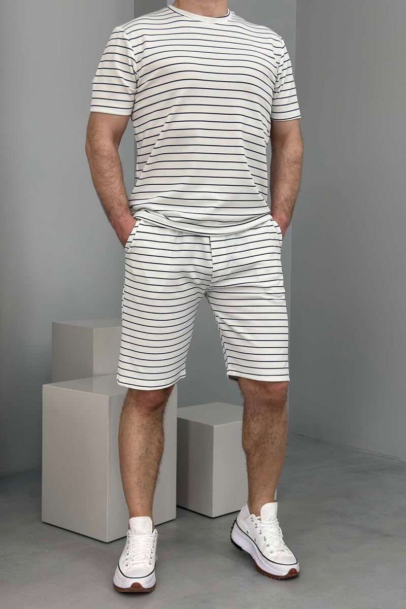 T-SHIRT+SHORT SWEATPANTS STRIPED MEN SET WHITE-BLACK/BAZE - 1
