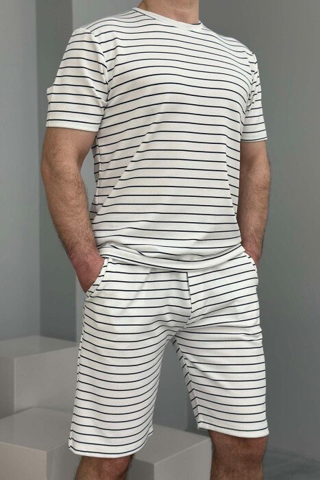 T-SHIRT+SHORT SWEATPANTS STRIPED MEN SET WHITE-BLACK/BAZE - 2