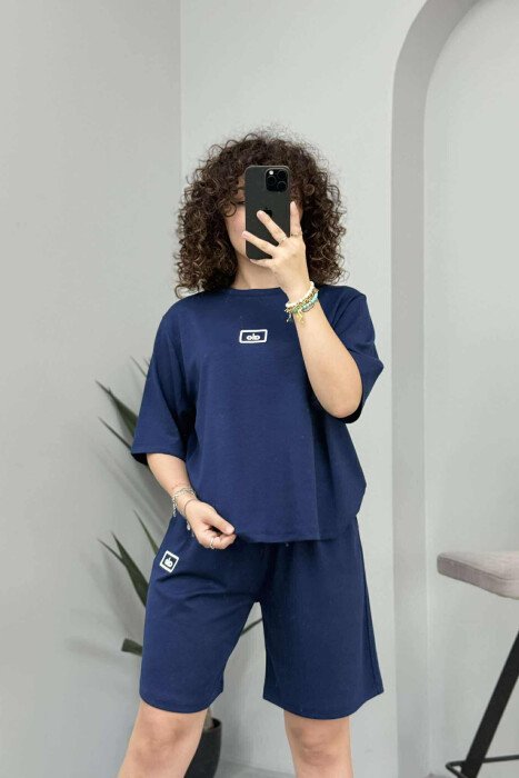 T-SHIRT+SHORTS ALO WRITTING WOMEN SET DARK BLUE/BEE - KLAUDIO FASHION