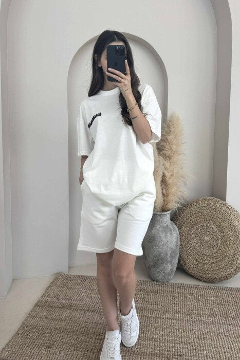 T-SHIRT+SHORTS BACK IMAGE ONE COLOR WOMEN SET WHITE-E BARDHE - KLAUDIO FASHION