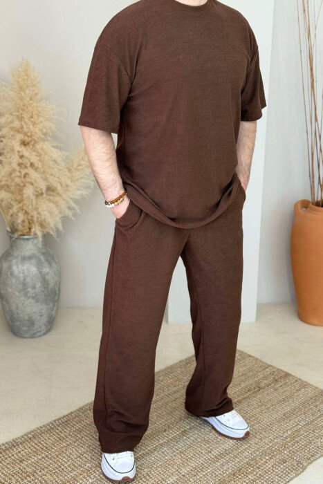T-SHIRT+SWEATPANTS ONE COLOR TEXTURED MEN SET BROWN/KAFE 