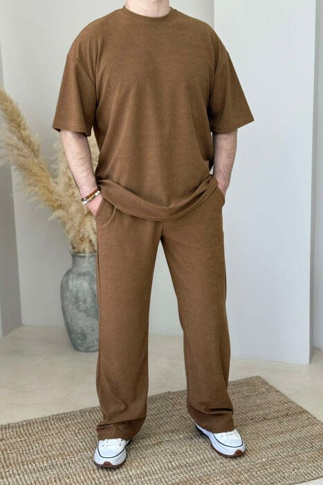 T-SHIRT+SWEATPANTS ONE COLOR TEXTURED MEN SET LIGHT BROWN/KAZB - 1