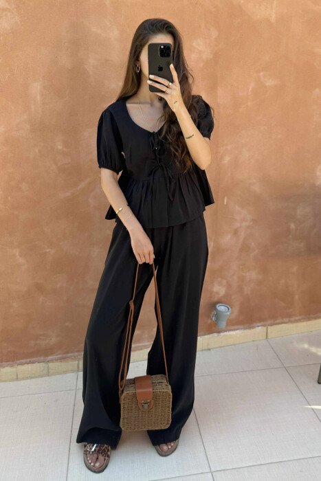 T-SHIRT+TROUSERS LACINGS ONE COLOR WOMEN SET BLACK/ E ZEZE - 1