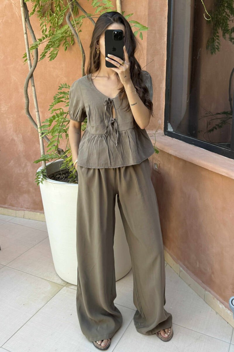 T-SHIRT+TROUSERS LACINGS ONE COLOR WOMEN SET DARK GREEN/JEE - 1