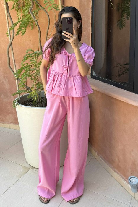 T-SHIRT+TROUSERS LACINGS ONE COLOR WOMEN SET PINK/ROZE - KLAUDIO FASHION