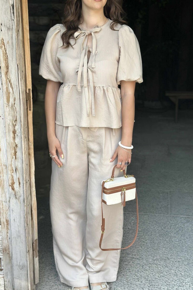 T-SHIRT+TROUSERS LACINGS STRIPED WOMEN SET BEIGE/BEZHE - 4