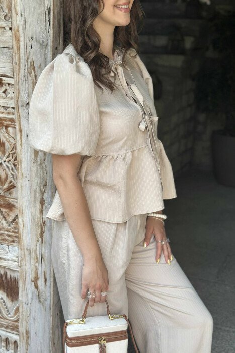 T-SHIRT+TROUSERS LACINGS STRIPED WOMEN SET BEIGE/BEZHE - 6