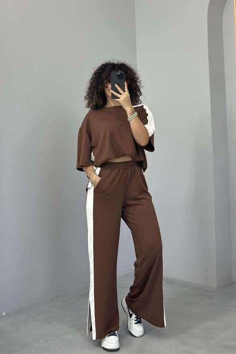 T-SHIRT+TROUSERS SIMPLE STRIPED WOMEN SET BROWN/KAFE - KLAUDIO FASHION
