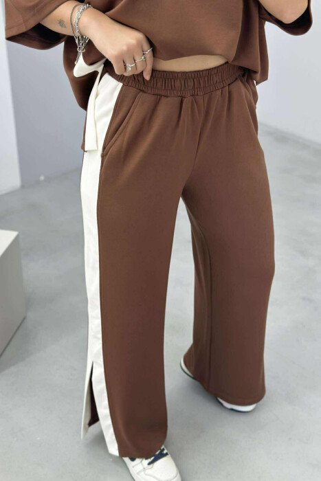 T-SHIRT+TROUSERS SIMPLE STRIPED WOMEN SET BROWN/KAFE - 2