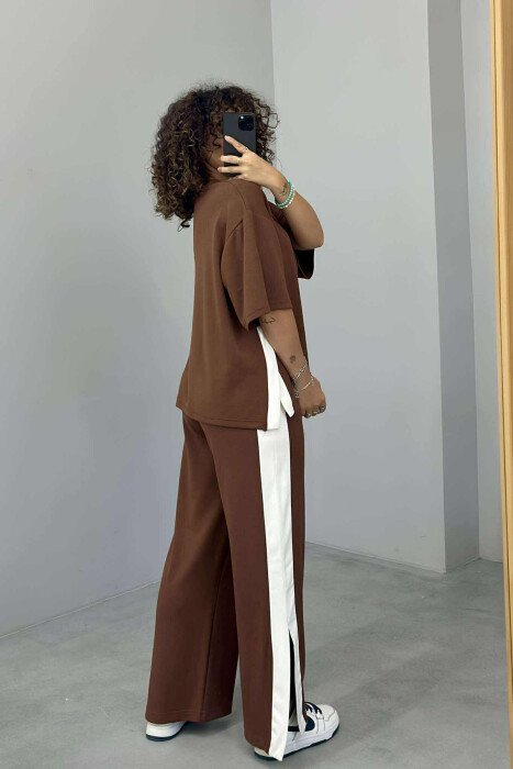 T-SHIRT+TROUSERS SIMPLE STRIPED WOMEN SET BROWN/KAFE - 3